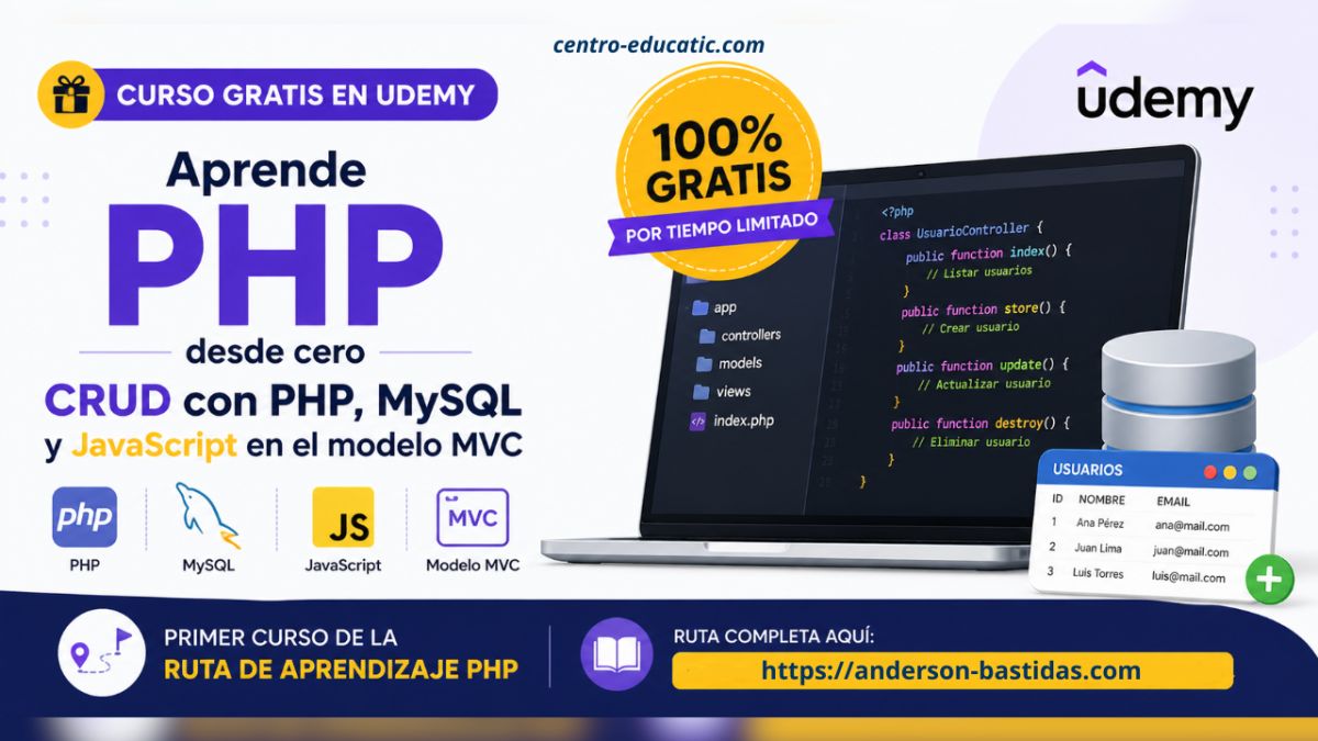 Curso gratis de PHP en Udemy: aprende CRUD con PHP, MySQL y JavaScript en modelo MVC desde cero